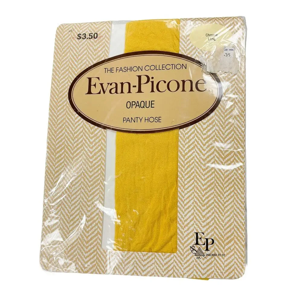 VTG Evan Picone Opaque Pantyhose Yellow Chrome Long NWT Fashion Hosiery 80s USA